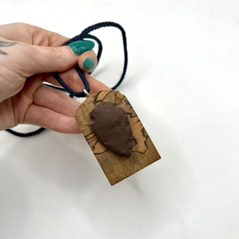 Handmade Arrowhead Necklace Knapped Stone Pendant Spalted Wood Primitive Rustic